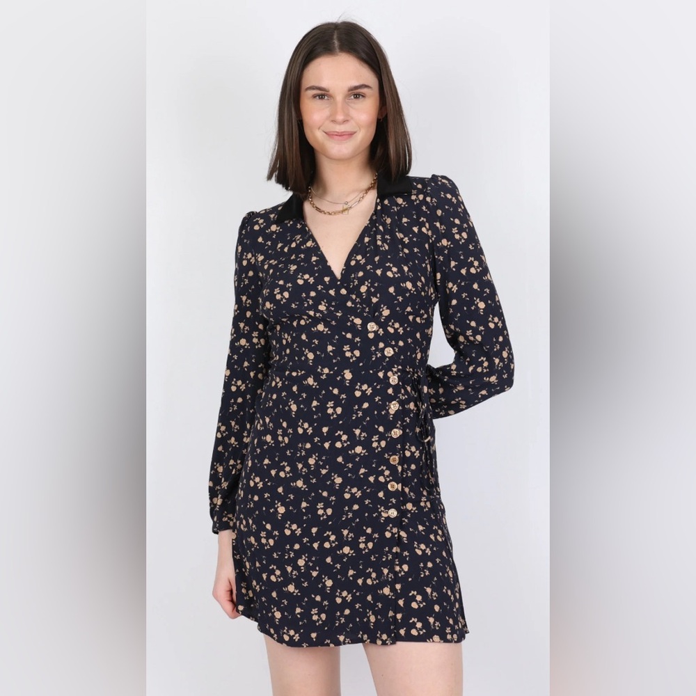 Rouje GABINETTE Floral Wrap Mini Dress - Navy with Beige Blossoms